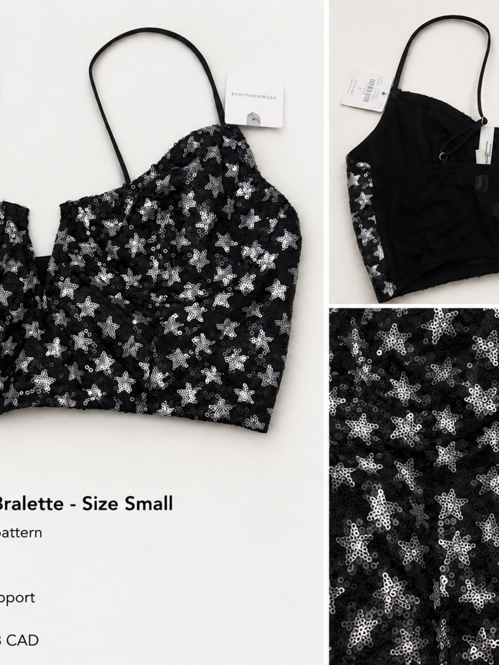 Anthropologie Black Sequin Star Crop Bralette
